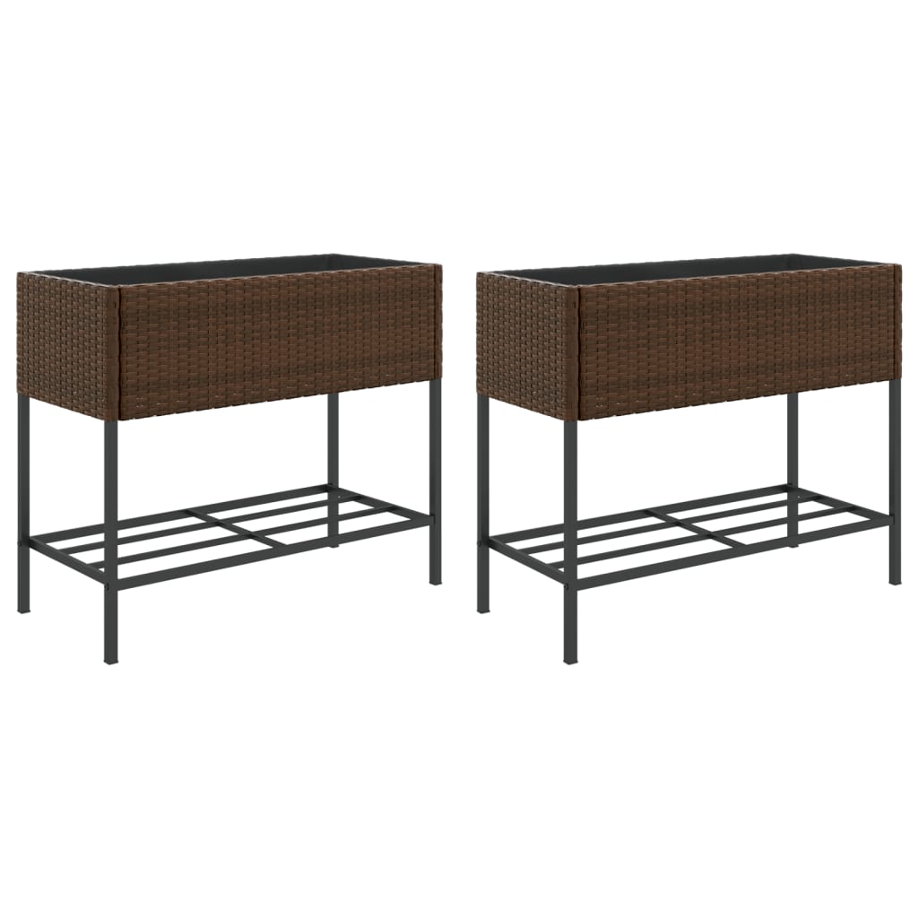 vidaXL Garden Planters with Shelf 2 pcs Brown 90x40x75 cm Poly Rattan