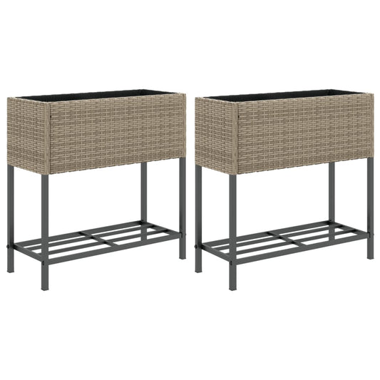 vidaXL Garden Planters with Shelf 2 pcs Grey 70x28x70 cm Poly Rattan