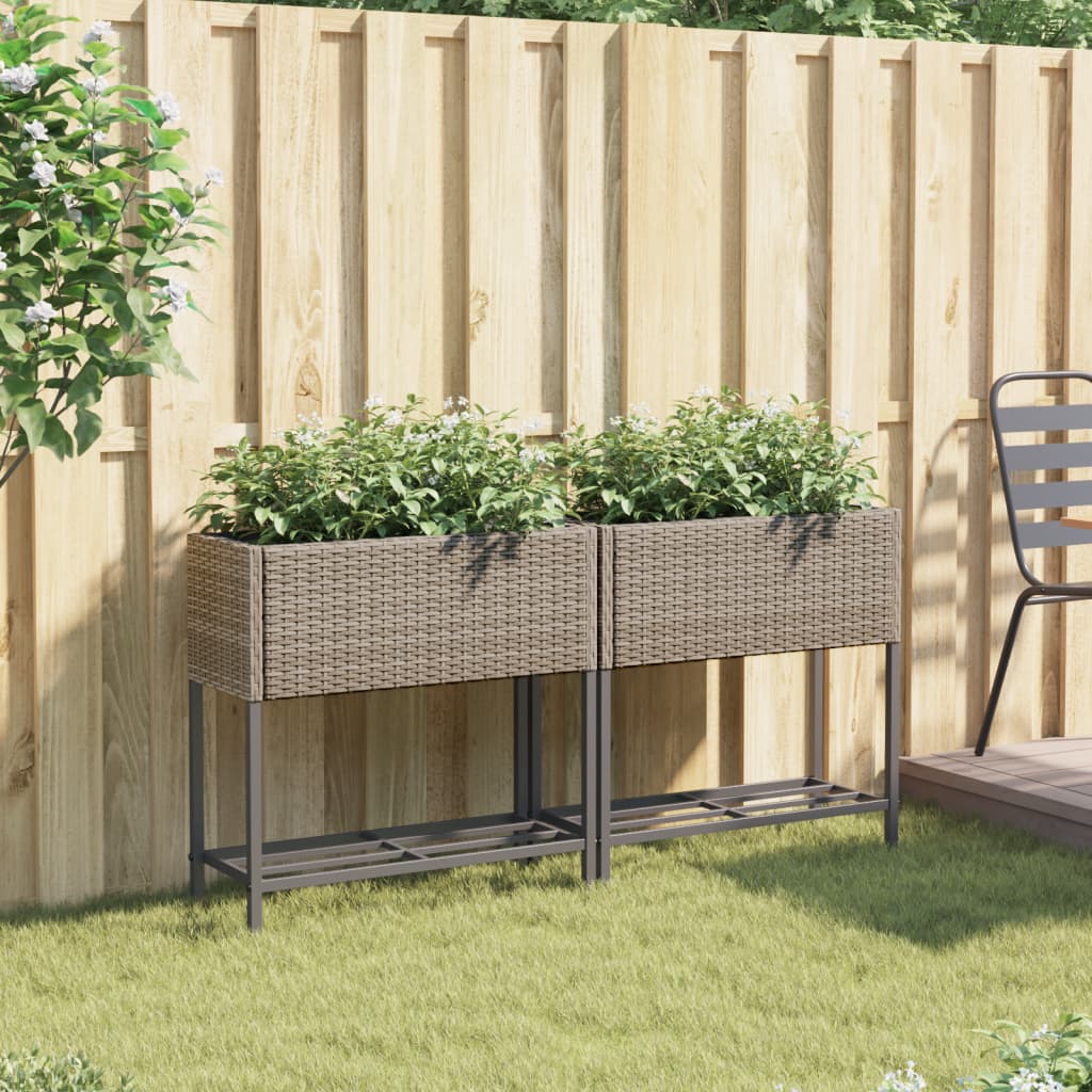 vidaXL Garden Planters with Shelf 2 pcs Grey 70x28x70 cm Poly Rattan