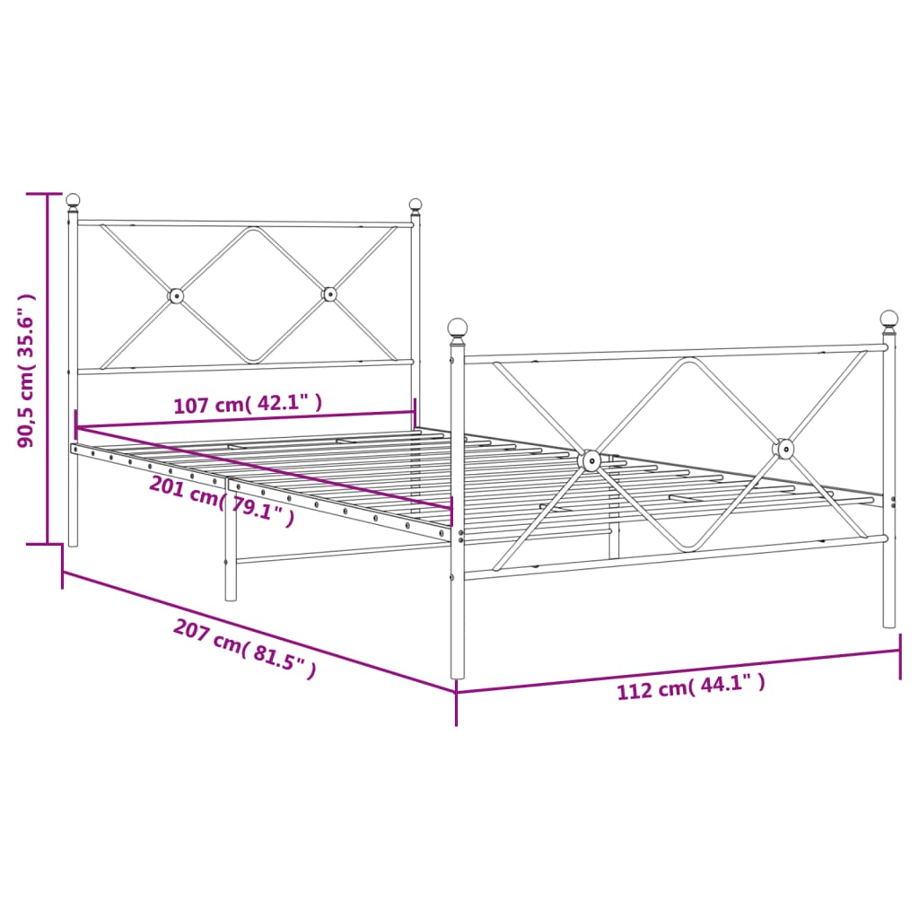 vidaXL Metal Bed Frame without Mattress with Footboard Black 107x203cm