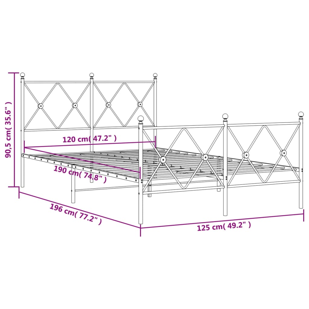 vidaXL Metal Bed Frame without Mattress with Footboard Black 120x190cm