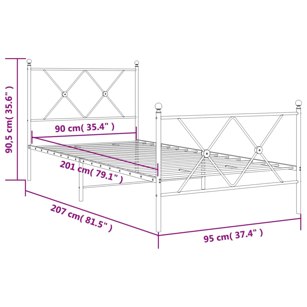 vidaXL Metal Bed Frame without Mattress with Footboard White 90x200cm