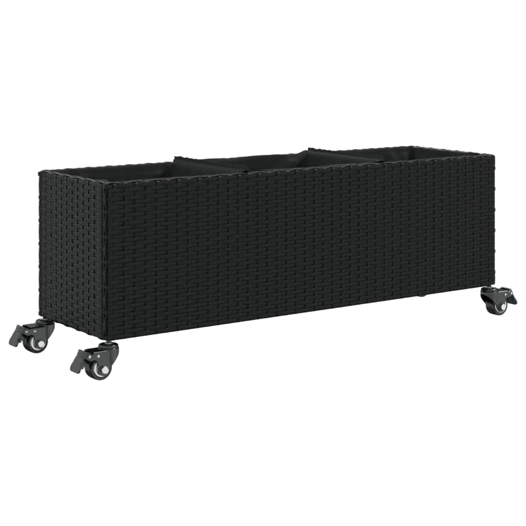 vidaXL Garden Planter with Wheels and 3 Pots Black 107x32x38 cm Poly Rattan