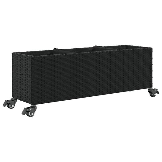vidaXL Garden Planter with Wheels and 3 Pots Black 107x32x38 cm Poly Rattan