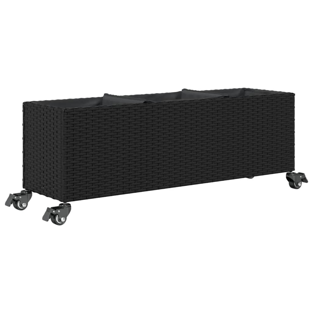vidaXL Garden Planter with Wheels and 3 Pots Black 107x32x38 cm Poly Rattan