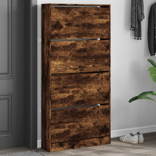 vidaXL Shoe Cabinet with 4 Flip-Drawers Smoked Oak 80x21x163.5 cm