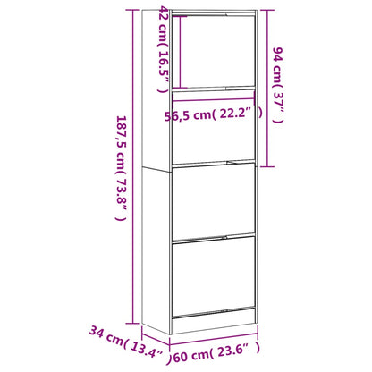 vidaXL Shoe Cabinet with 4 Flip-Drawers Concrete Grey 60x34x187.5 cm