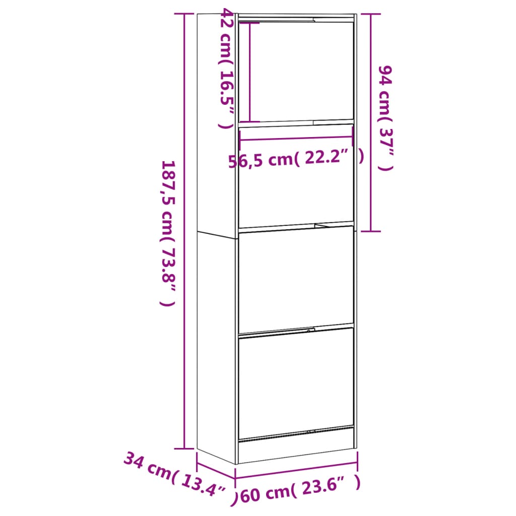 vidaXL Shoe Cabinet with 4 Flip-Drawers Smoked Oak 60x34x187.5 cm