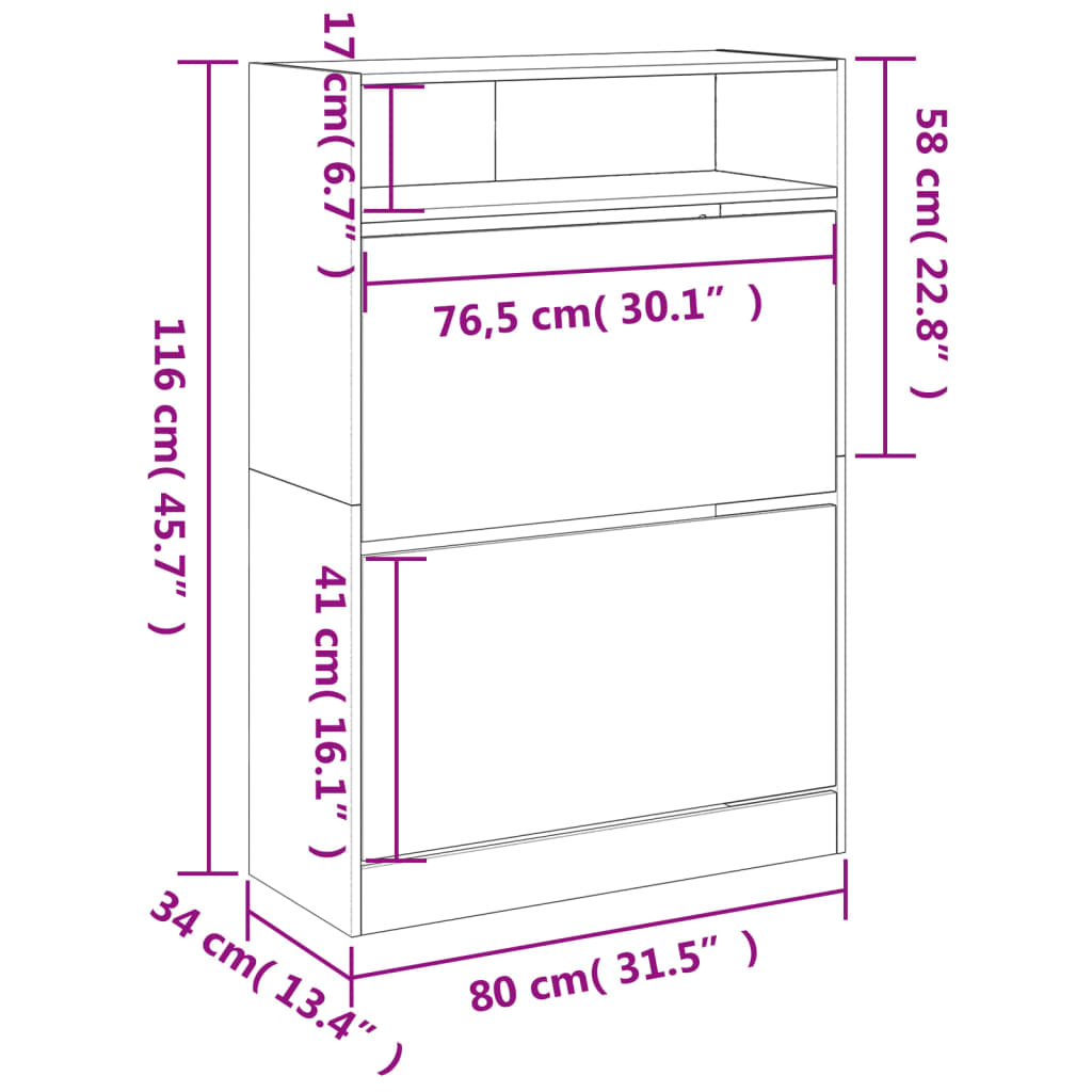 vidaXL Shoe Cabinet with 2 Flip-Drawers Smoked Oak 80x34x116 cm