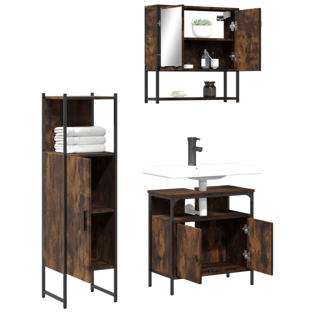 vidaXL 3 Piece Bathroom Furniture Set Smoked Oak Engineered Wood