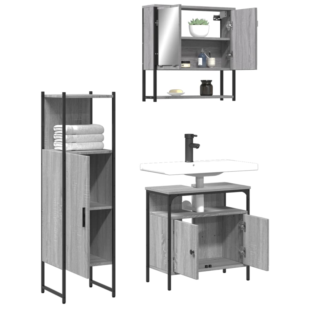 vidaXL 3 Piece Bathroom Furniture Set Grey Sonoma Engineered Wood