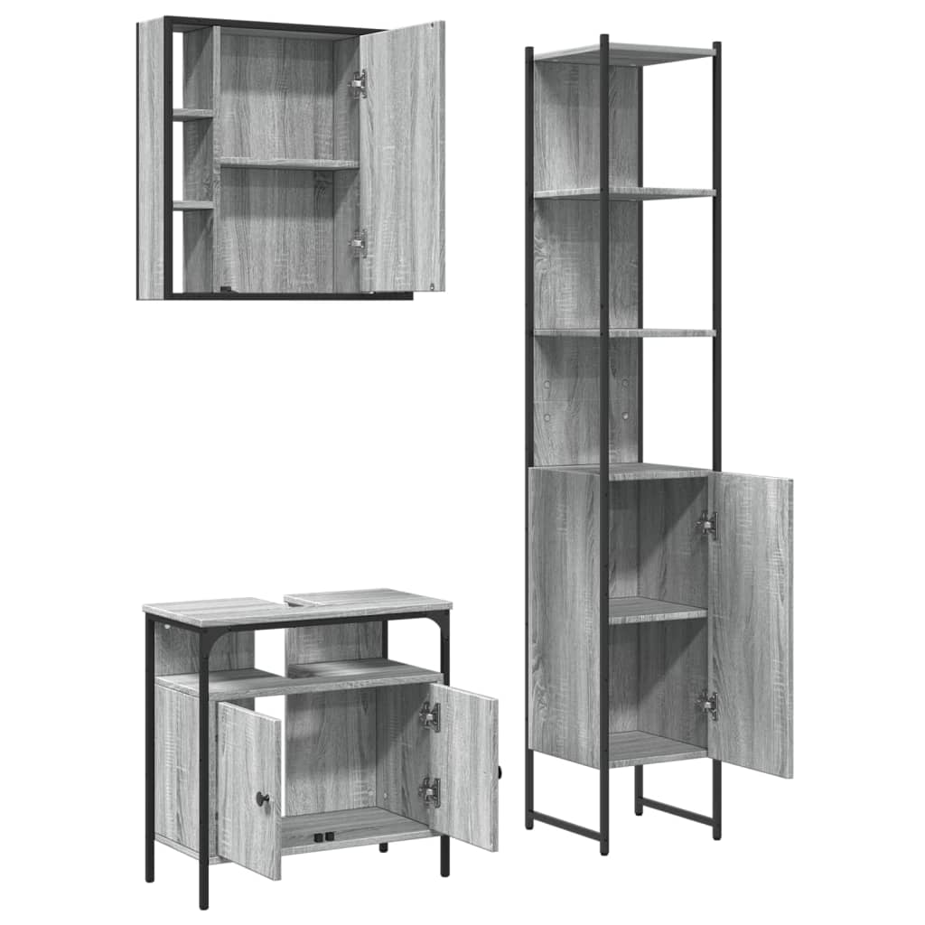 vidaXL 3 Piece Bathroom Cabinet Set Grey Sonoma Engineered Wood