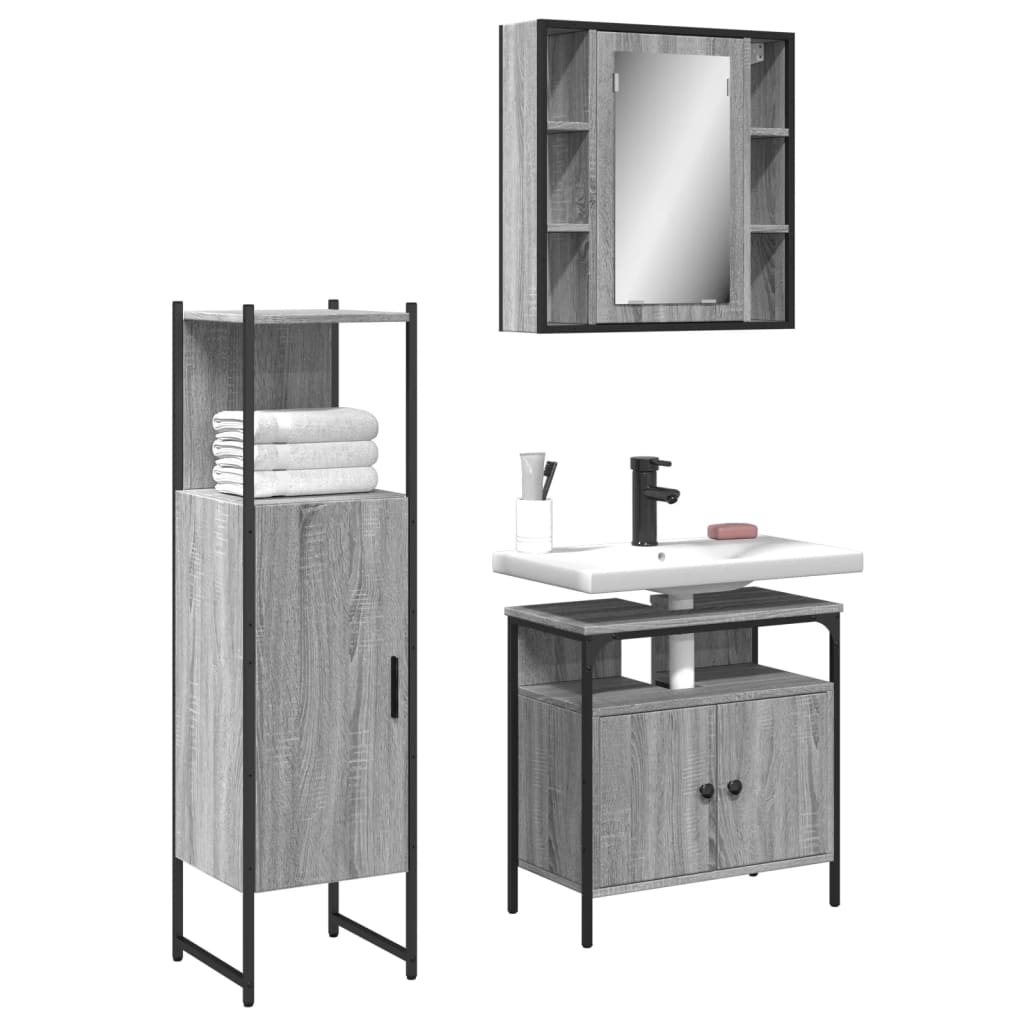 vidaXL 3 Piece Bathroom Cabinet Set Grey Sonoma Engineered Wood