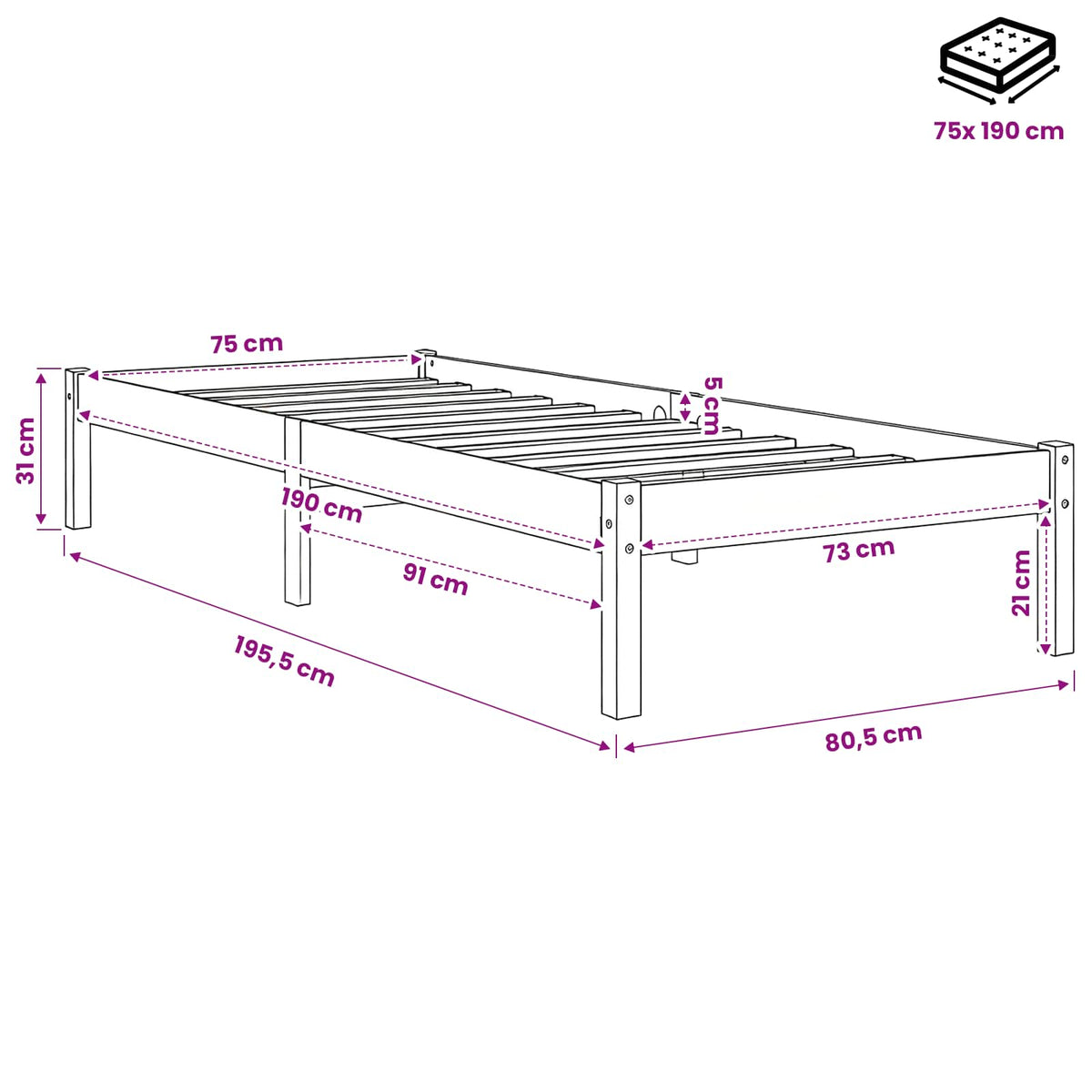 vidaXL Bed Frame without Mattress Wax Brown 75x190 cm Solid Wood Pine