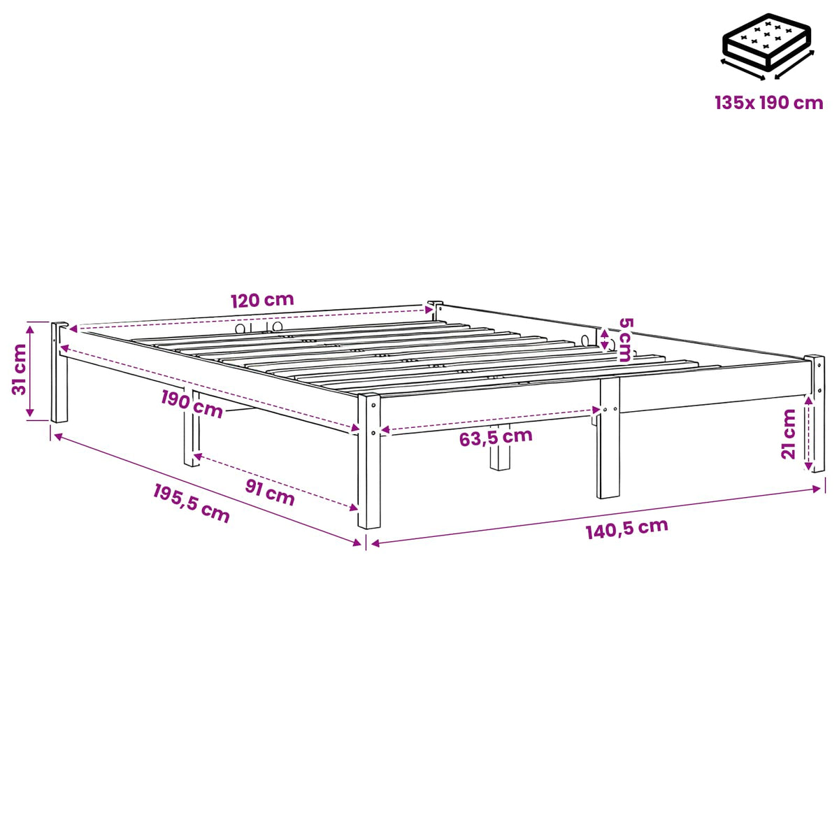 vidaXL Bed Frame without Mattress Wax Brown 135x190 cm Solid Wood Pine