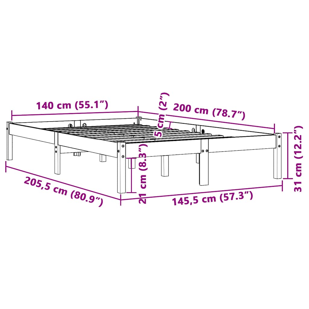 vidaXL Bed Frame without Mattress Wax Brown 140x200 cm Solid Wood Pine
