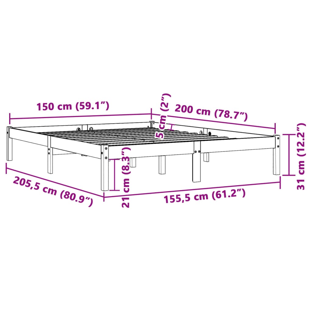 vidaXL Bed Frame without Mattress Wax Brown 150x200 cm King Size Solid Wood Pine