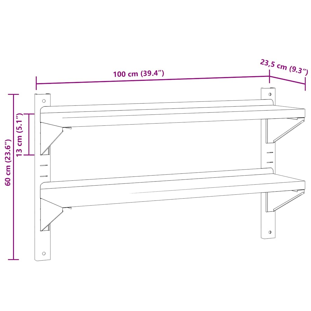 vidaXL 2-Tier Wall Shelf 100x23,5x60 cm Silver Stainless Steel