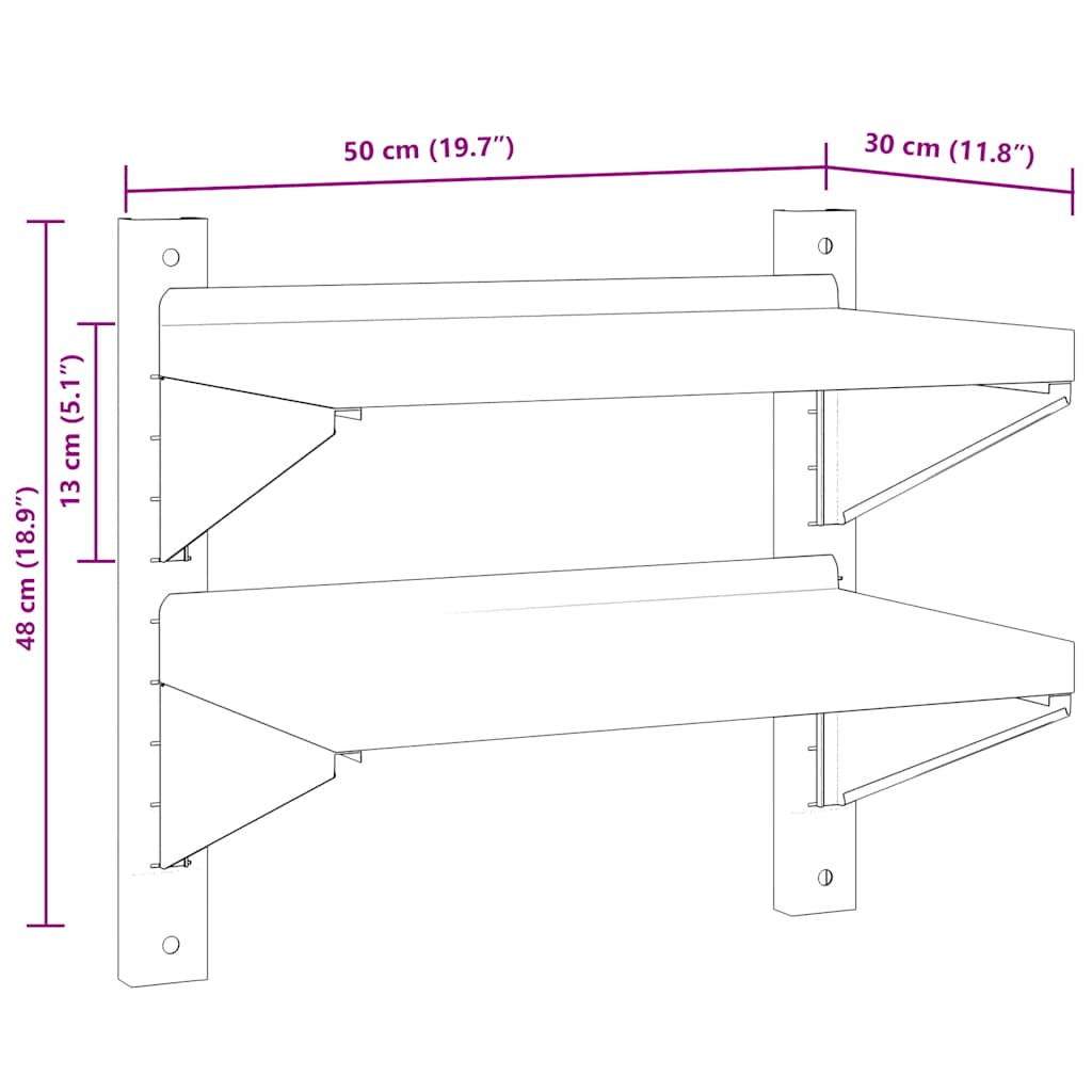 vidaXL 2-Tier Wall Shelf 50x30x48 cm Silver Stainless Steel
