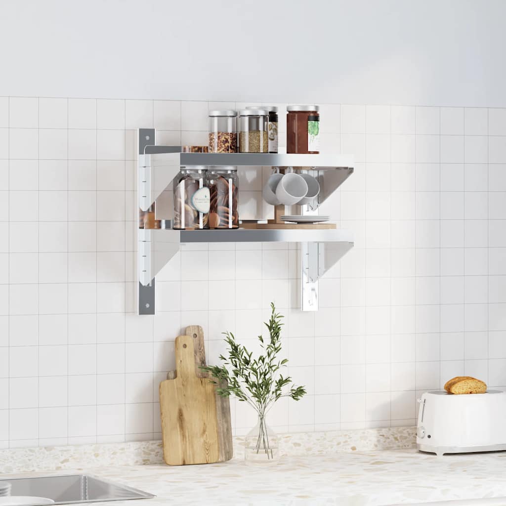 vidaXL 2-Tier Wall Shelf 50x23,5x48 cm Silver Stainless Steel
