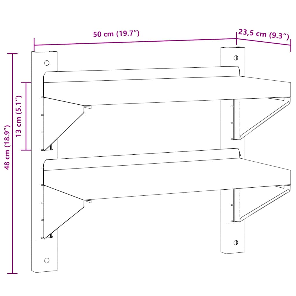 vidaXL 2-Tier Wall Shelf 50x23,5x48 cm Silver Stainless Steel