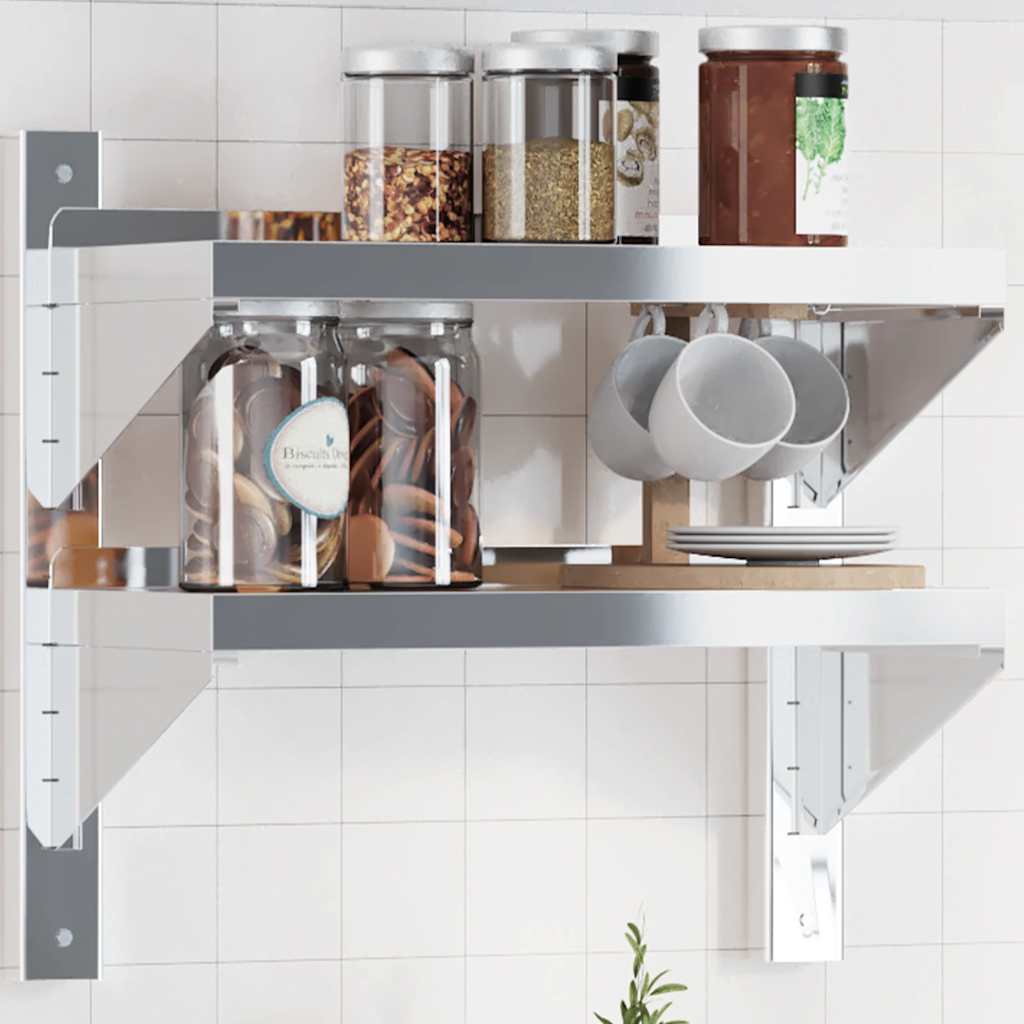 vidaXL 2-Tier Wall Shelf 50x23,5x48 cm Silver Stainless Steel