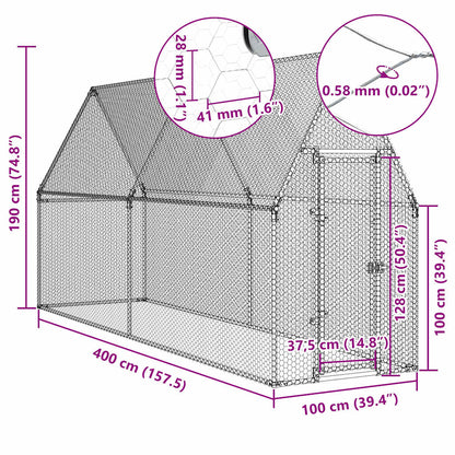 vidaXL Chicken Cage Silver 400x100x190 cm Galvanised Steel