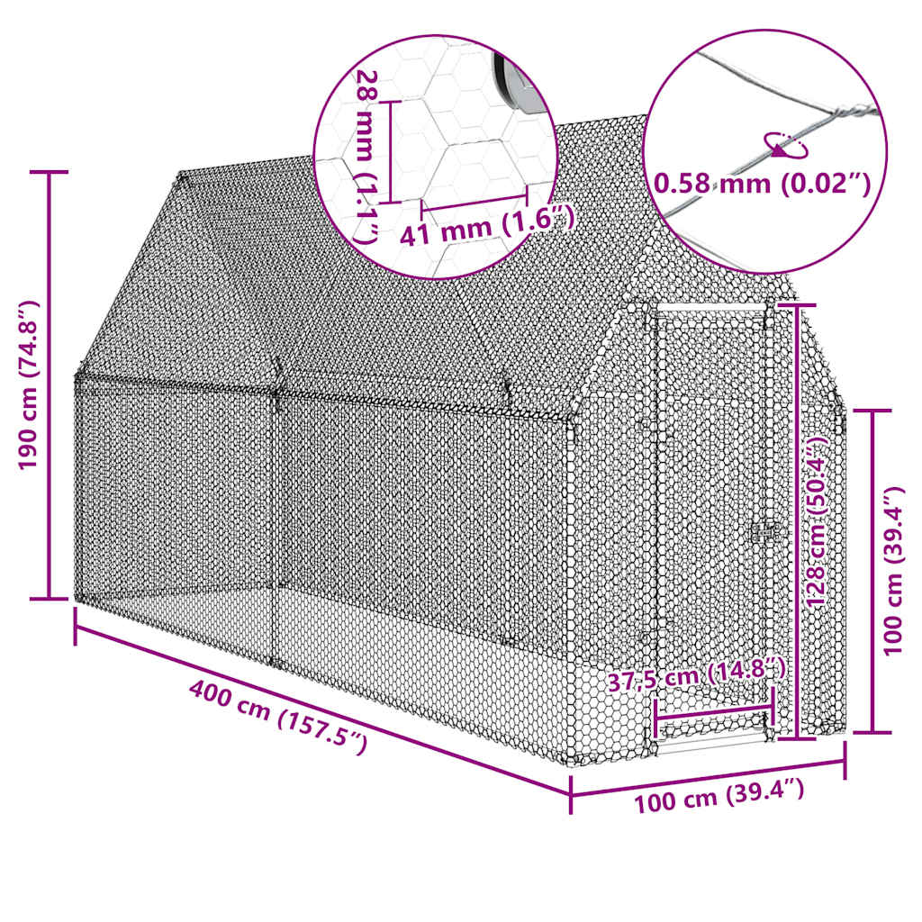 vidaXL Chicken Cage Silver 400x100x190 cm Galvanised Steel