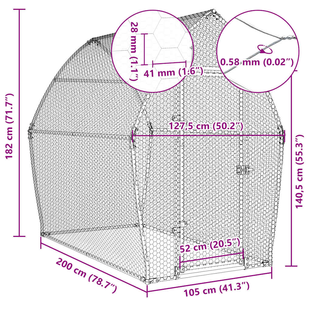 vidaXL Chicken Cage Silver 200x105x182 cm Galvanised Steel