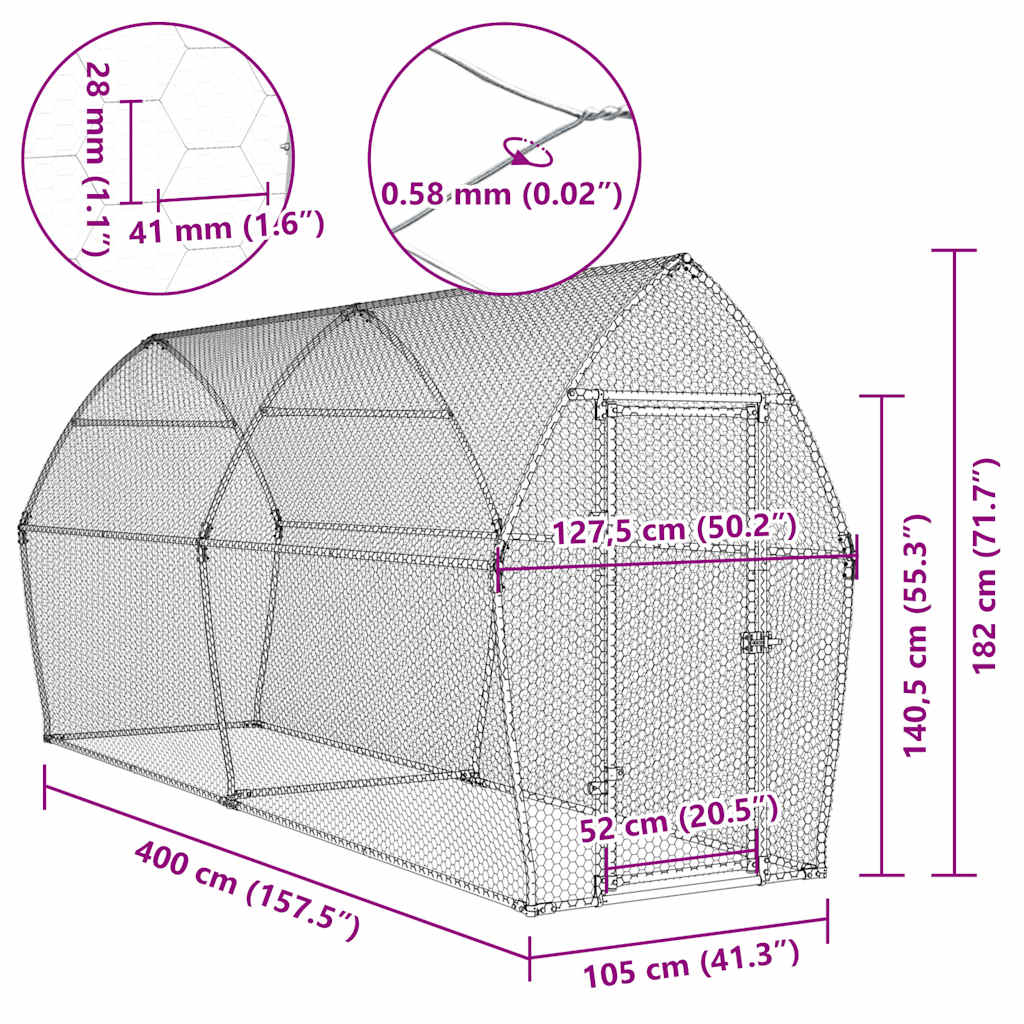 vidaXL Chicken Cage Silver 400x105x182 cm Galvanised Steel