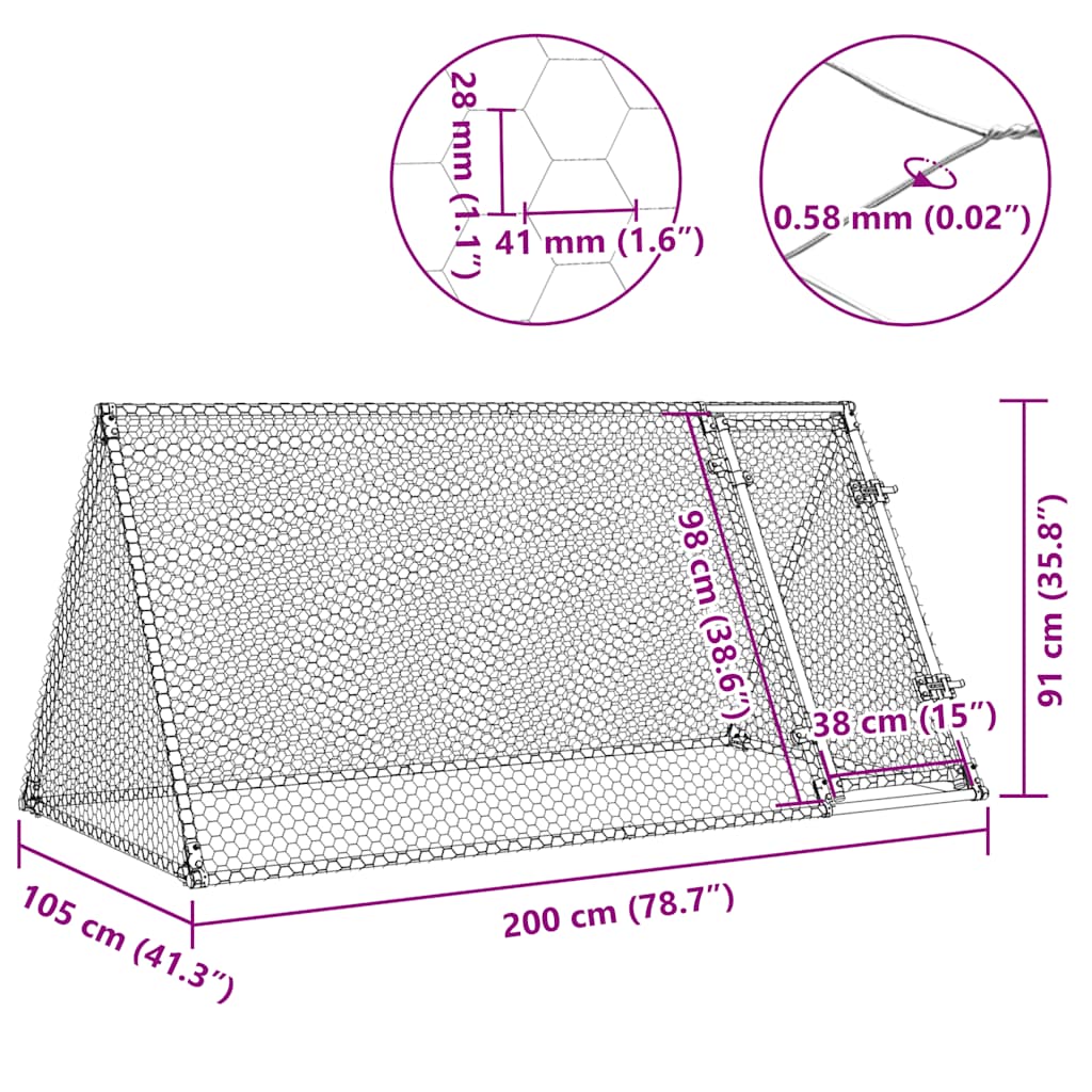 vidaXL Chicken Cage Silver 200x105x91 cm Galvanised Steel