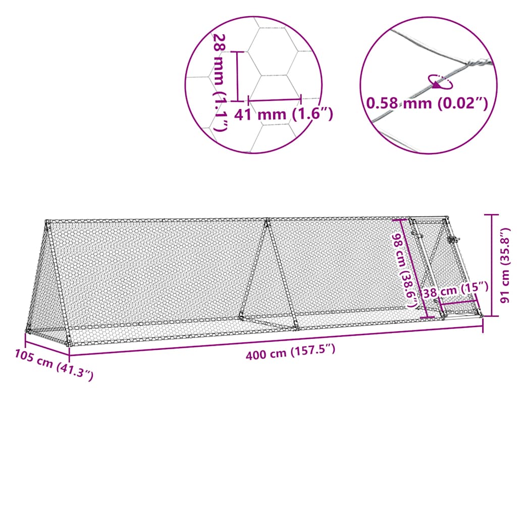 vidaXL Chicken Cage Silver 400x105x91 cm Galvanised Steel