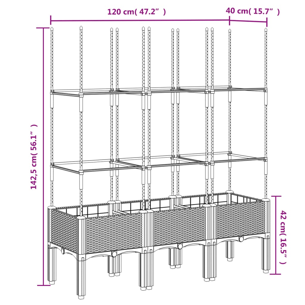vidaXL Garden Planter with Trellis Black 120x40x142.5 cm PP