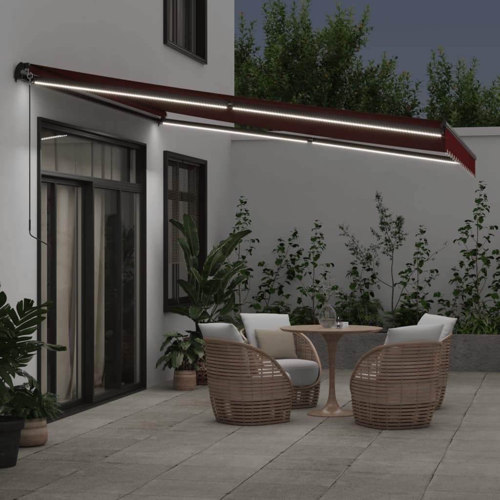 vidaXL Manual Retractable Awning with LEDs Burgundy 400x350 cm