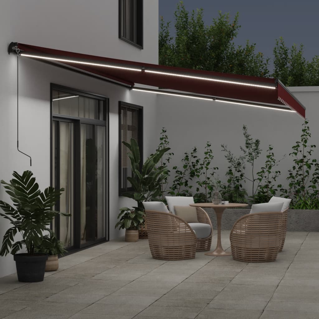 vidaXL Manual Retractable Awning with LEDs Burgundy 500x350 cm