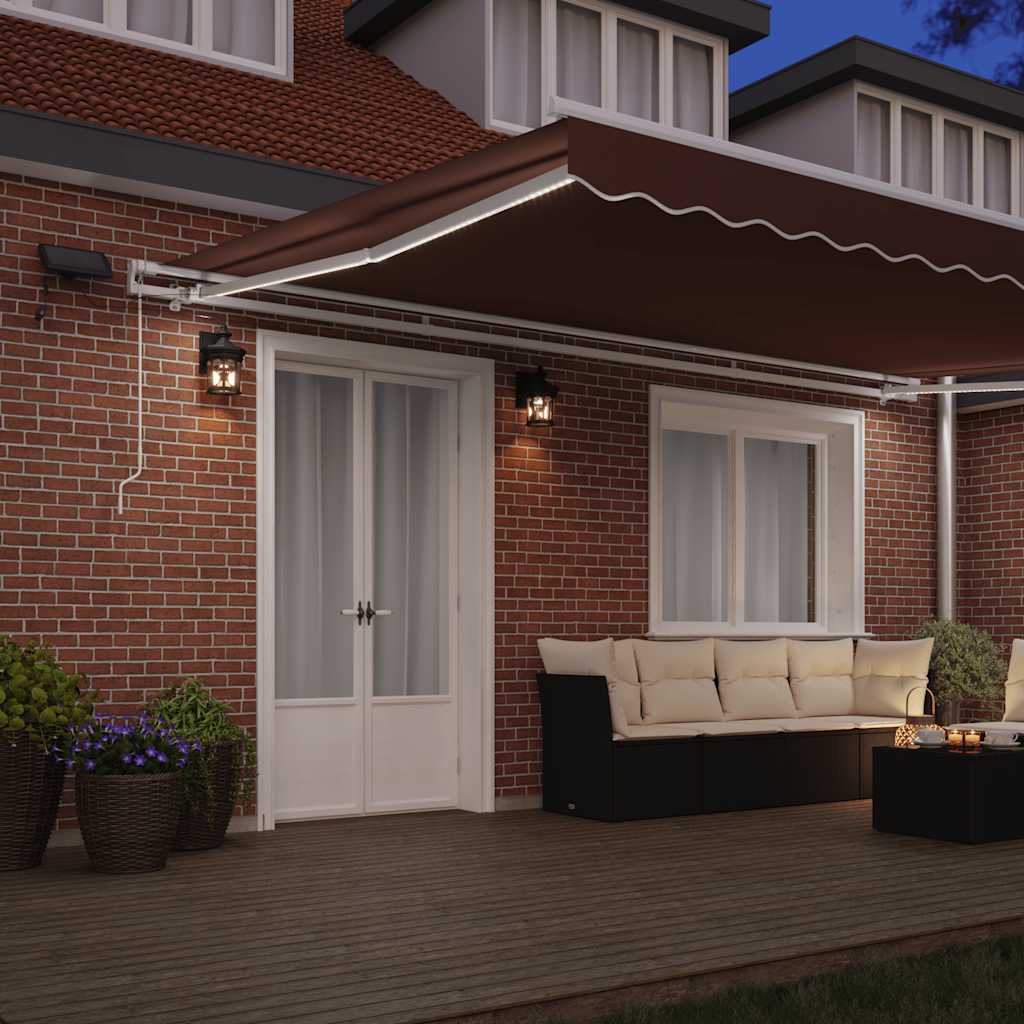 vidaXL Manual Retractable Awning with LED Brown 500x300 cm