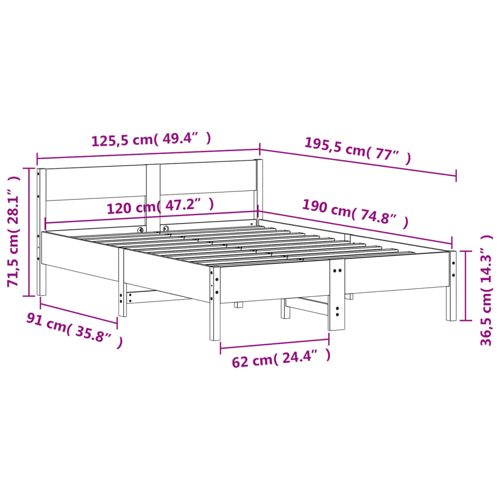 vidaXL Bed Frame without Mattress 120x190 cm Small Double Solid Wood Pine