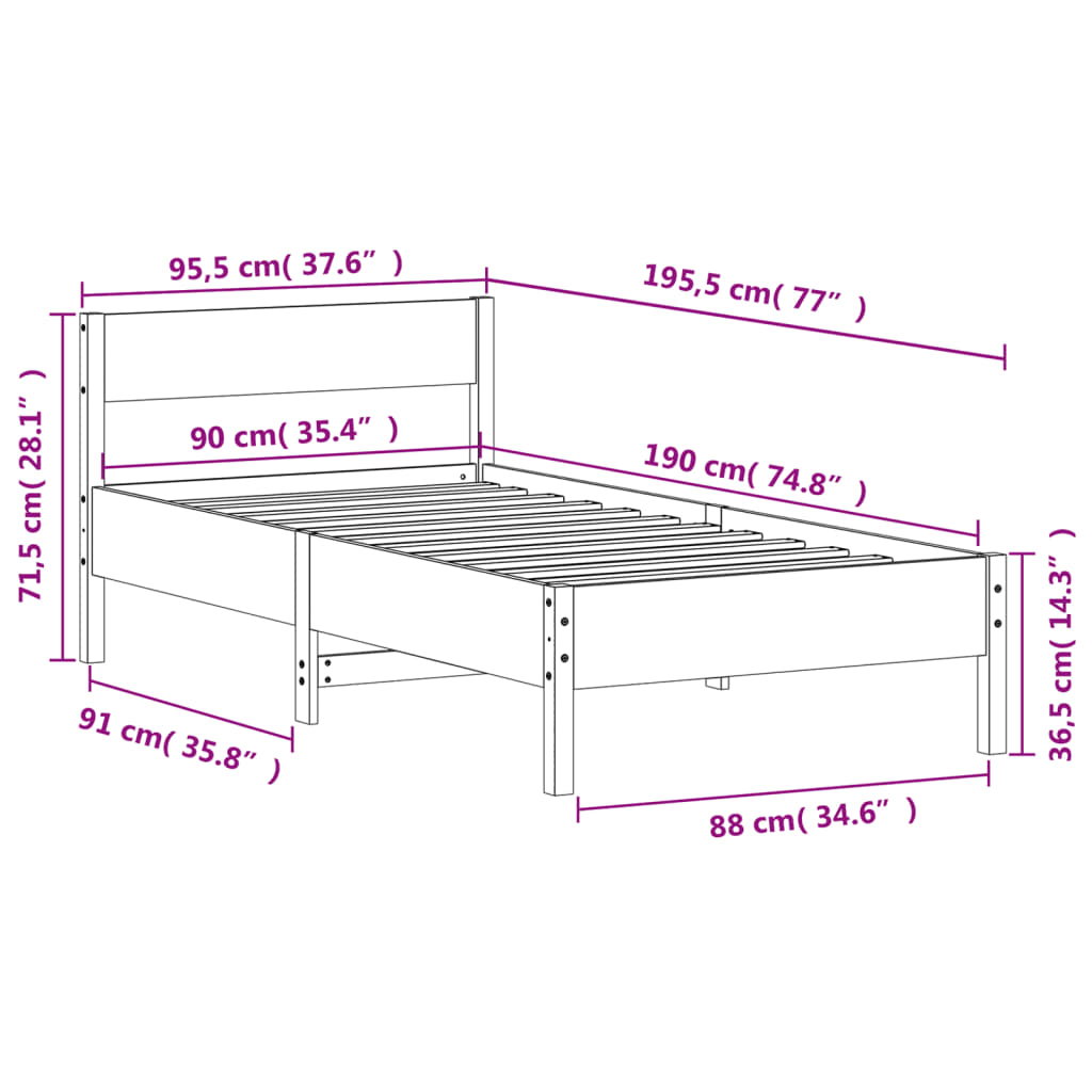 vidaXL Bed Frame without Mattress White 90x190 cm Single Solid Wood Pine