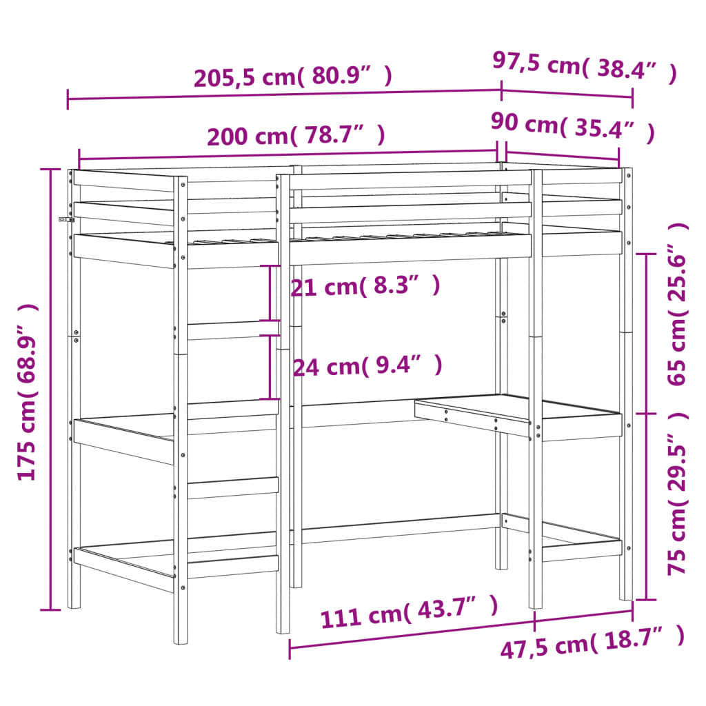 vidaXL Loft Bed without Mattress Wax Brown 90x200 cm Solid Wood Pine