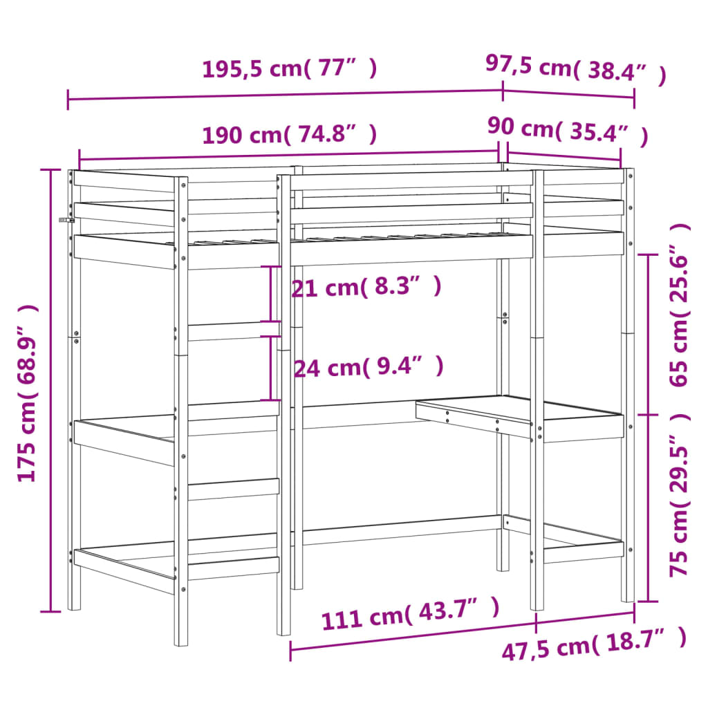 vidaXL Loft Bed without Mattress 90x190 cm Single Solid Wood Pine