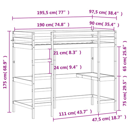 vidaXL Loft Bed without Mattress 90x190 cm Single Solid Wood Pine