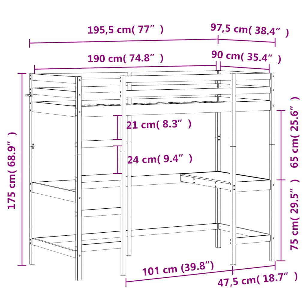 vidaXL Loft Bed without Mattress White 90x190 cm Single Solid Wood Pine