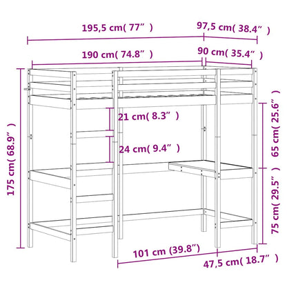 vidaXL Loft Bed without Mattress White 90x190 cm Single Solid Wood Pine