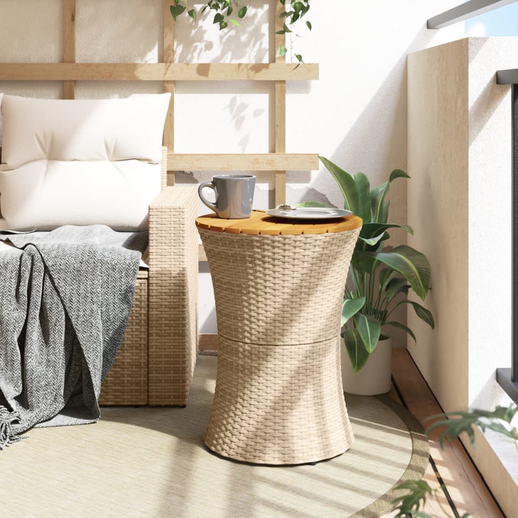 vidaXL Garden Side Table Drum Shape Beige Poly Rattan and Solid Wood