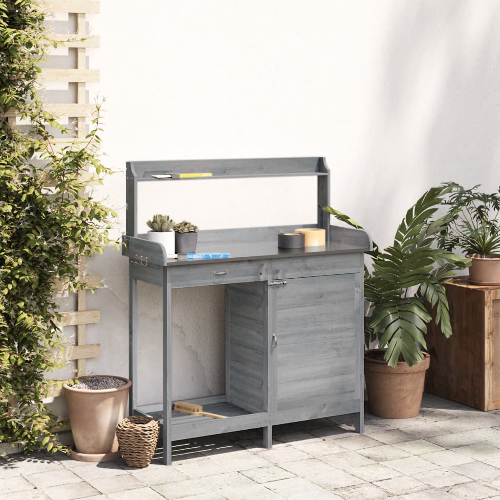 vidaXL Potting Table with Cabinet Grey 110.5x45x124.5cm Solid Wood Fir