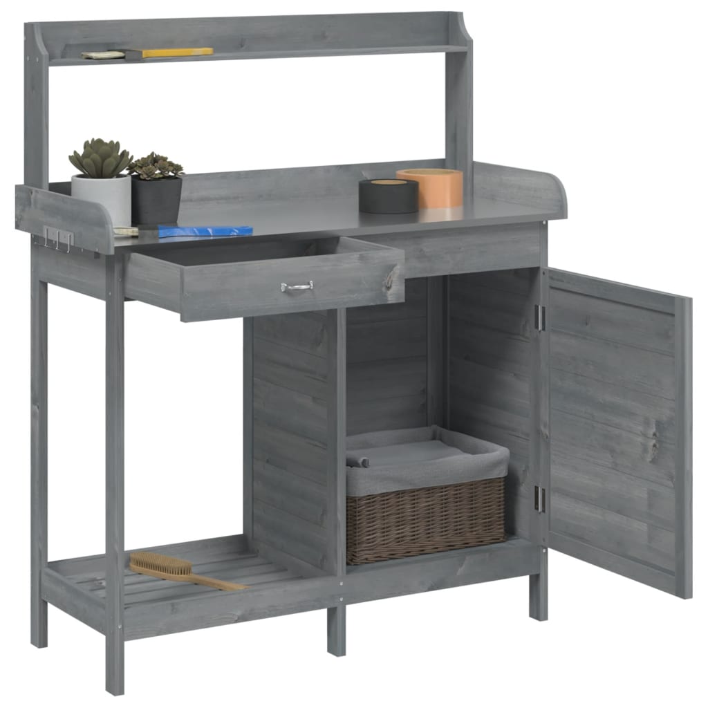 vidaXL Potting Table with Cabinet Grey 110.5x45x124.5cm Solid Wood Fir