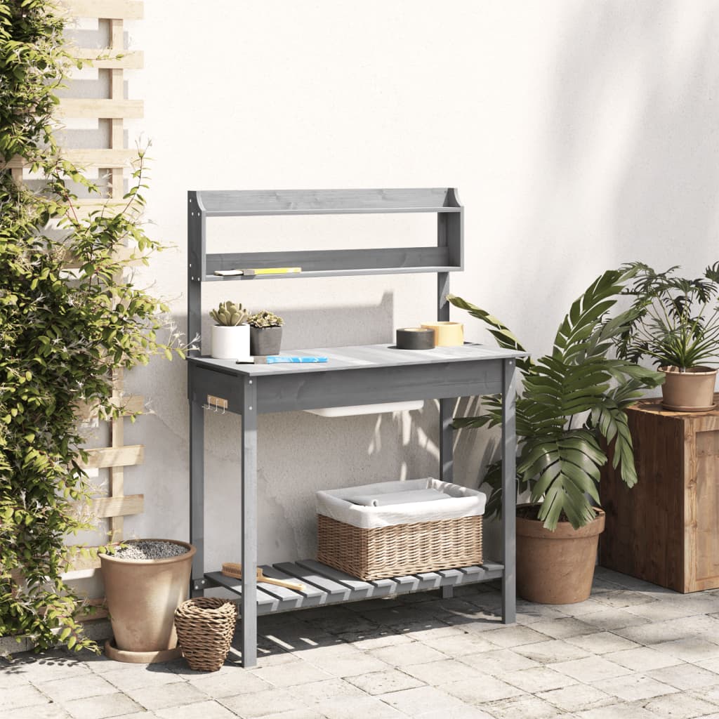 vidaXL Potting Table with Sink Grey 147,5x44x139,5 cm Solid Wood Fir