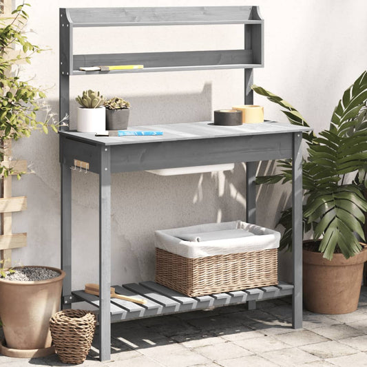 vidaXL Potting Table with Sink Grey 147,5x44x139,5 cm Solid Wood Fir