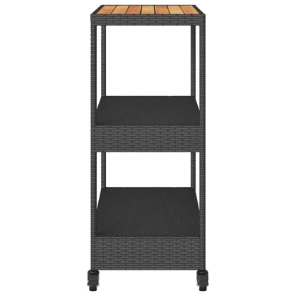 vidaXL Bar Cart 3-Tier Black Poly Rattan and Solid Wood Acacia