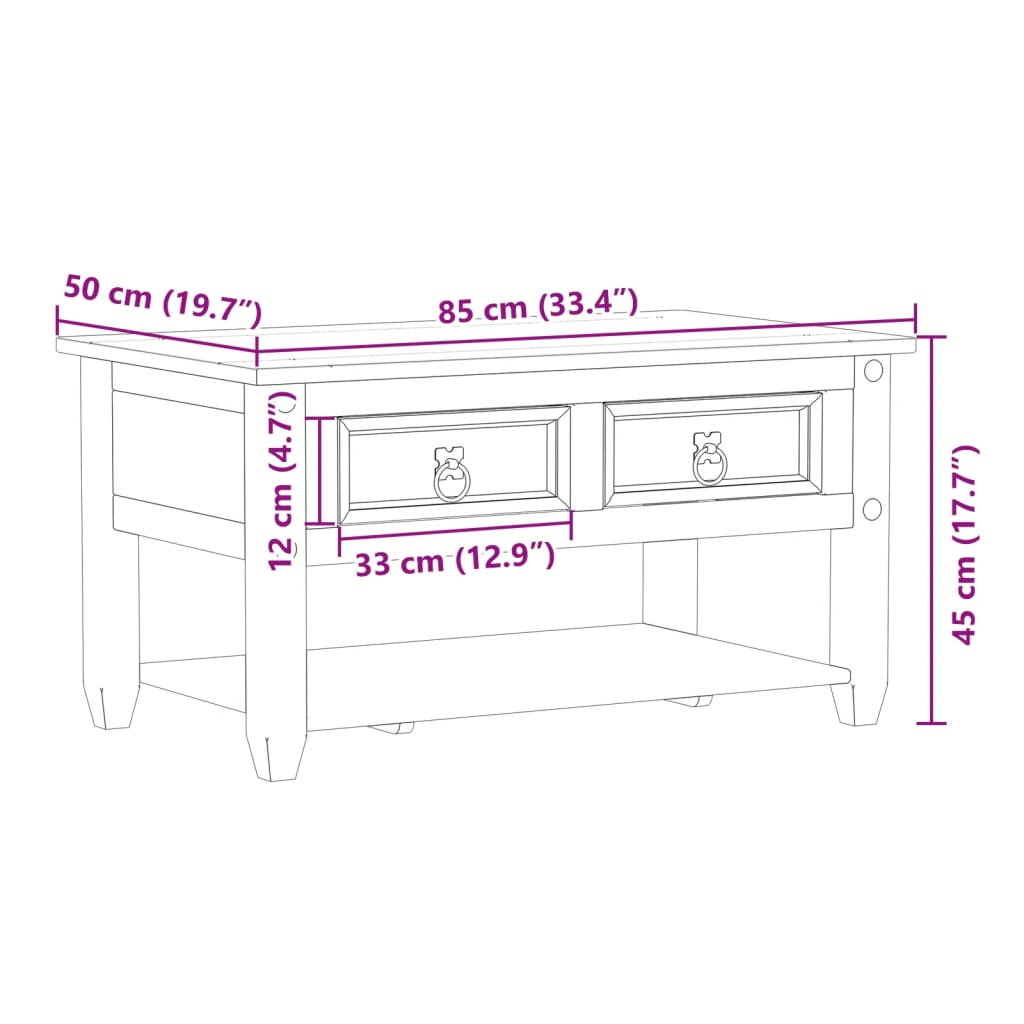 vidaXL Coffee Table with Drawers "Corona" 85x50x45 cm Solid Wood Pine